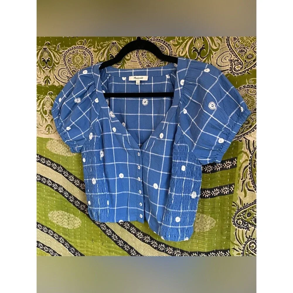 Madewell Hermitage Blue Embroidered Puff Sleeve Window Pane Crop Top 2